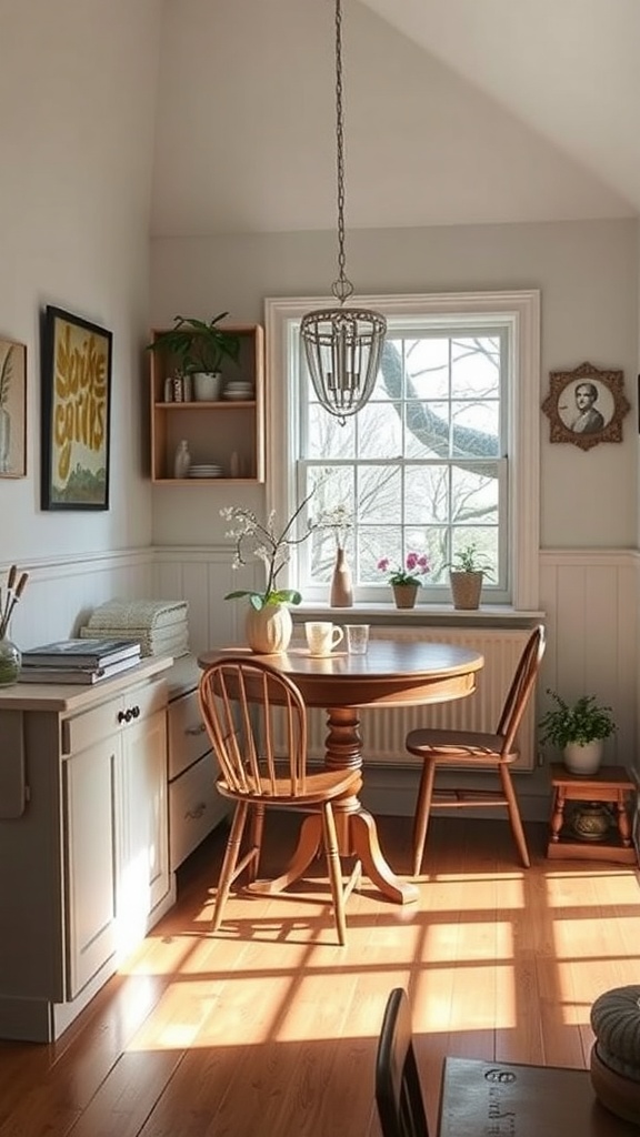 A cozy farmhouse breakfast nook with a wooden table, vintage light fixture, and family heirlooms.