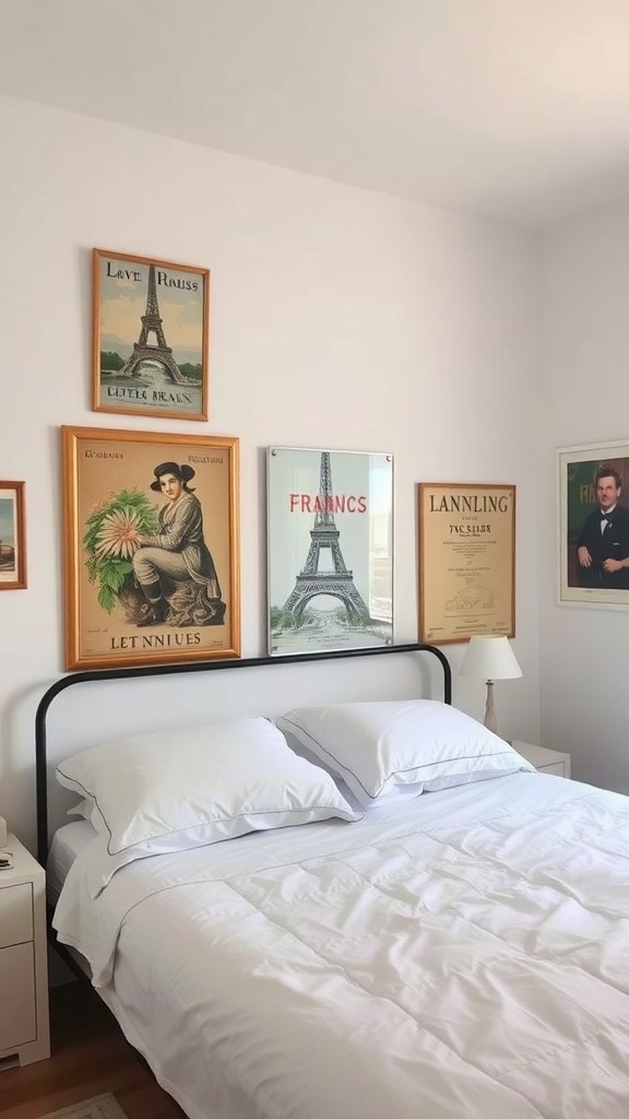 A cozy bedroom featuring vintage French posters and art on the walls.