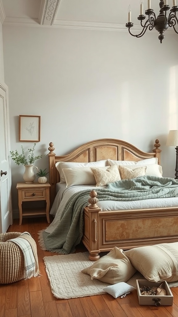 A cozy bedroom featuring a wooden bed frame, soft green and neutral colors, decorative pillows, and a chandelier.