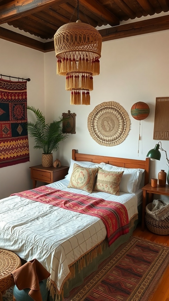 A cozy boho bedroom featuring a woven light fixture, patterned textiles, and natural decor elements.