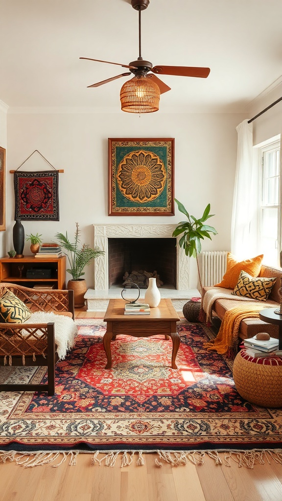 A boho living room featuring a colorful rug, wall hangings, and woven furniture.