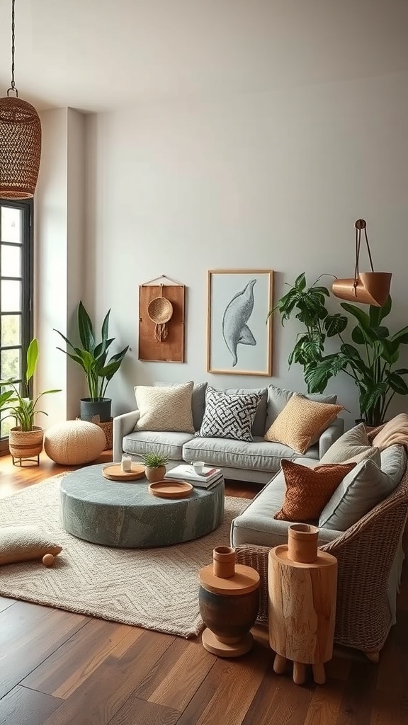 A boho living room featuring natural elements like plants, wooden furniture, and soft textiles.