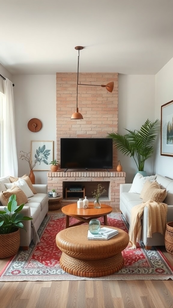 A cozy Boho living room featuring soft color palettes with light-colored sofas, a warm area rug, and natural elements.