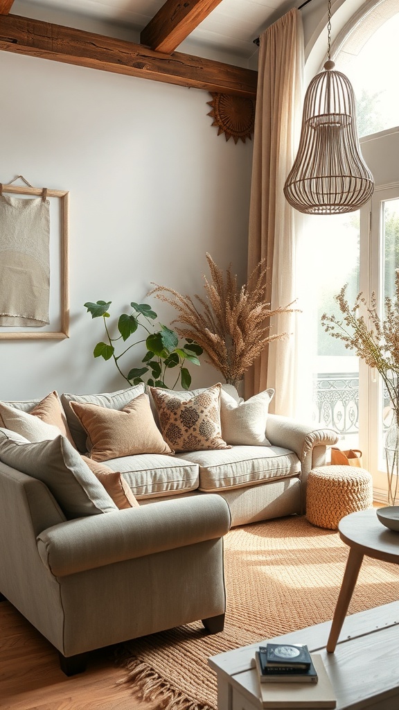 A cozy boho living room featuring a textured sofa with patterned cushions, a woven pouf, and soft curtains.