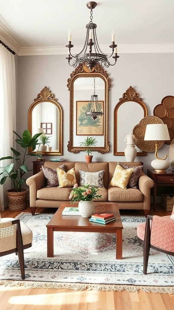 A boho living room featuring vintage mirrors, a cozy couch, and plants.