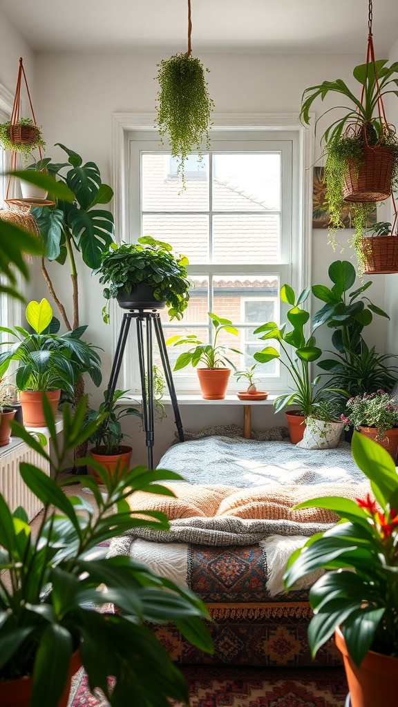 A boho bedroom filled with various indoor plants, showcasing a cozy and fresh atmosphere.