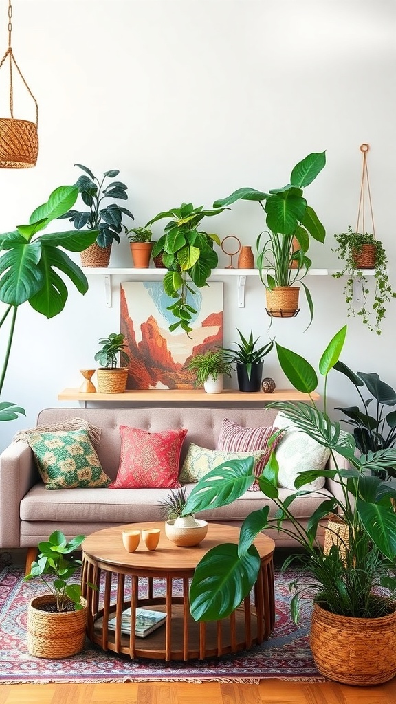A cozy boho living room filled with various indoor plants, featuring a sofa, colorful cushions, and a wooden coffee table.
