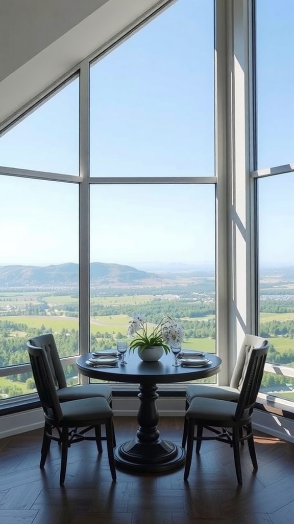 A cozy breakfast nook with a round table and large windows showcasing a beautiful view of hills and greenery.