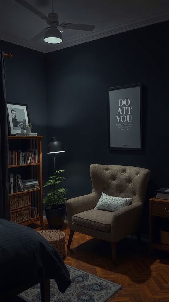 Cozy reading nook in a dark feminine bedroom with a plush armchair, bookshelf, and soft lighting.