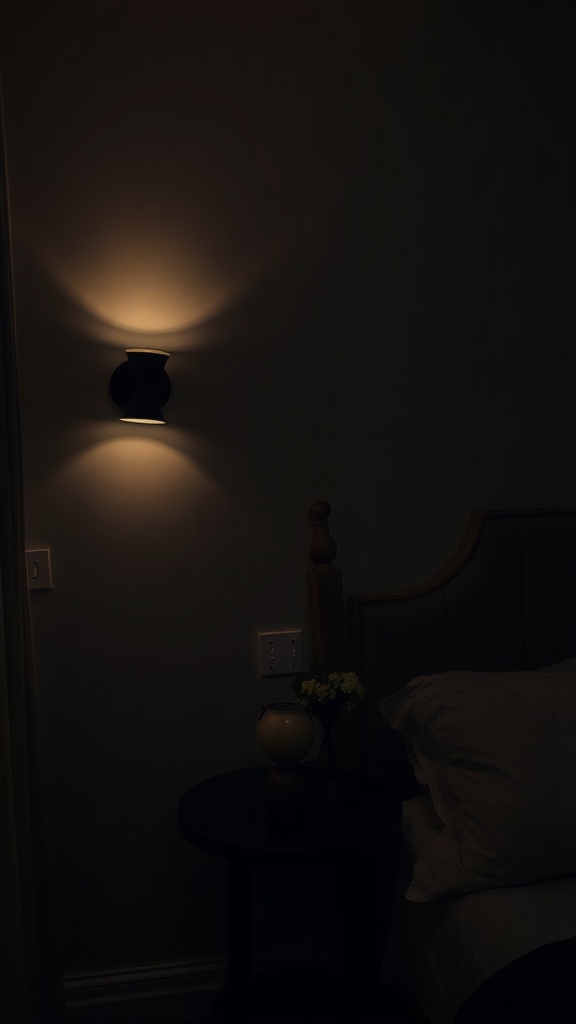 A cozy bedroom with a wall sconce casting a warm light next to a bed.
