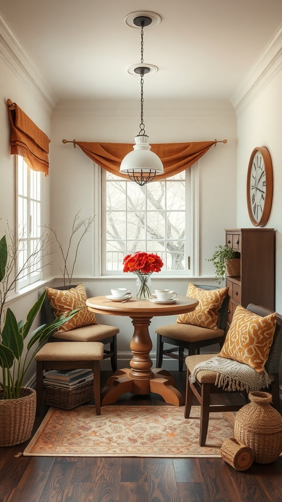 A cozy farmhouse breakfast nook featuring a wooden table, earthy toned cushions, and plants.