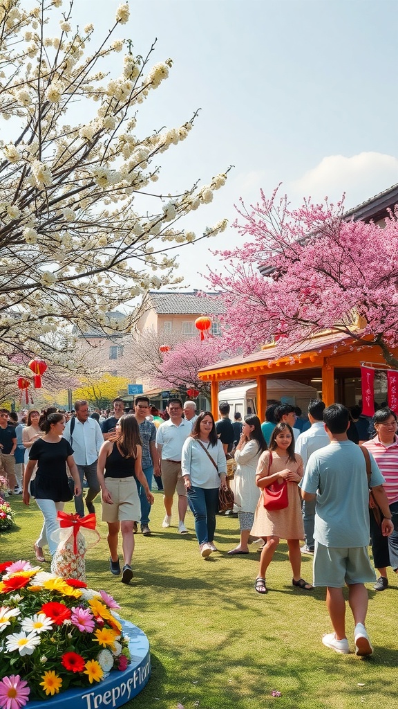 A vibrant spring festival scene with blooming cherry blossoms, colorful flowers, and crowds of people enjoying the festivities.