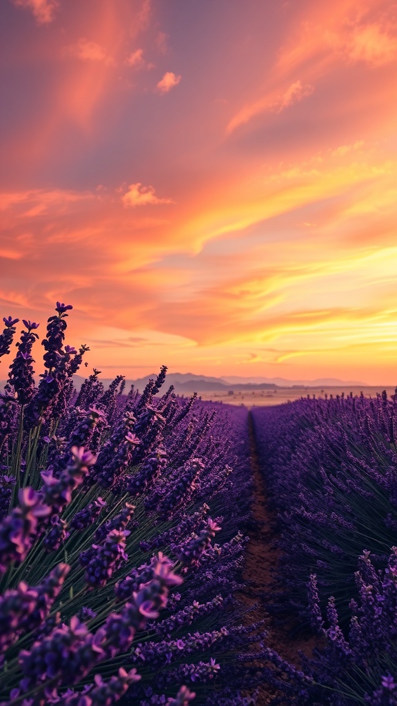 A beautiful lavender field at dusk with a colorful sky.