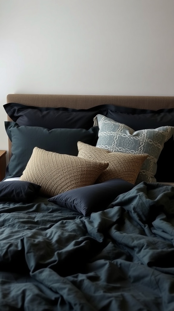 A beautifully layered bedding setup featuring dark navy and textured pillows, creating a cozy atmosphere.