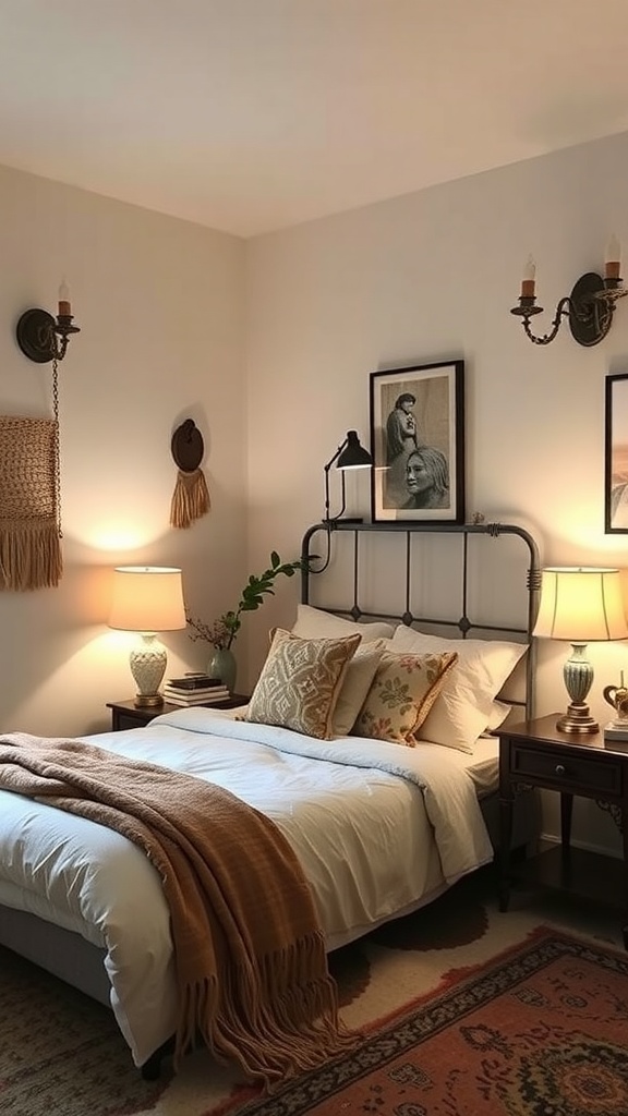 A cozy boho bedroom featuring layered lighting with table lamps and wall sconces.