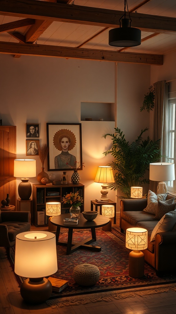 A cozy boho living room featuring layered lighting with various lamps and a pendant light, complemented by plants and warm decor.
