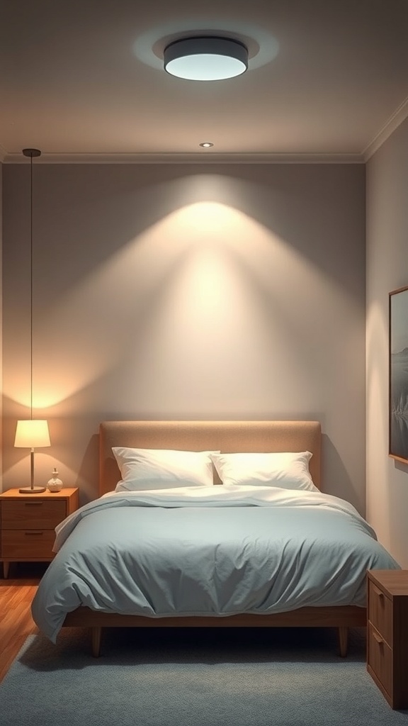 A cozy bedroom featuring layered lighting with a ceiling light, bedside lamp, and wall lighting.