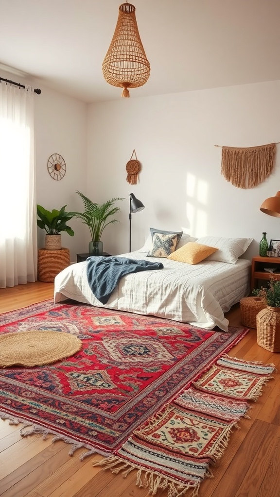 A boho bedroom featuring layered rugs, with a vibrant red area rug and a round natural fiber rug on a wooden floor.