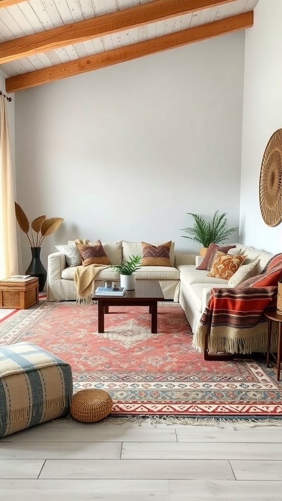 A cozy boho living room with layered textiles, featuring a large area rug, throw pillows, and woven elements.