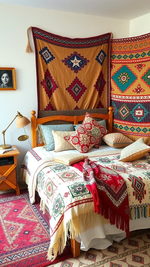 A cozy boho bedroom featuring layered textiles, including a bed with colorful blankets and pillows, and patterned wall hangings.