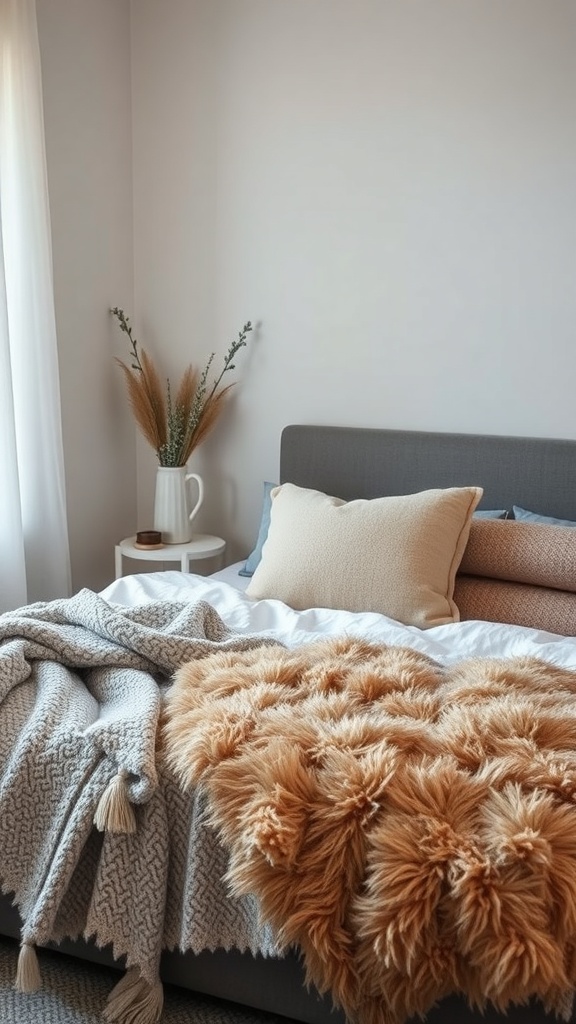 A cozy bedroom featuring layered textiles, including a fluffy orange throw blanket, a gray blanket with tassels, and neutral-toned pillows on a bed.