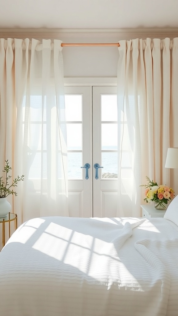 A bright coastal bedroom with sheer curtains, a white bedspread, and a small plant.