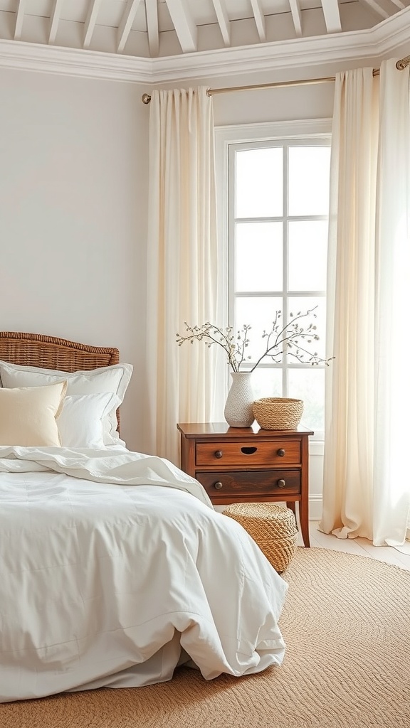 Coastal bedroom featuring linen bedding, cotton curtains, and natural decor elements.