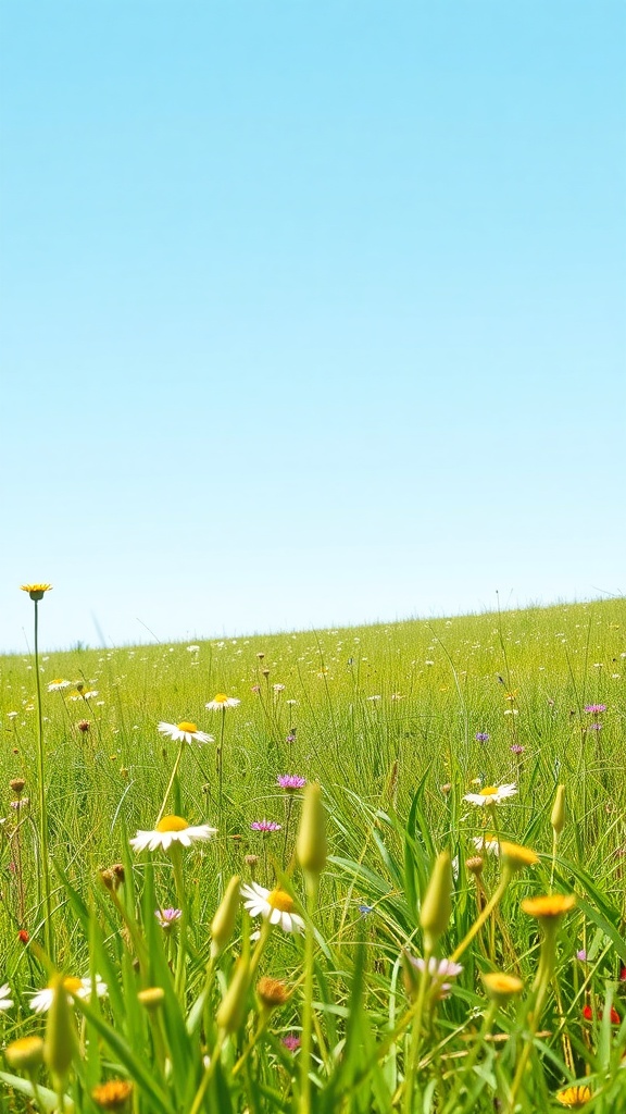 A vibrant meadow filled with wildflowers and tall grass under a clear blue sky.