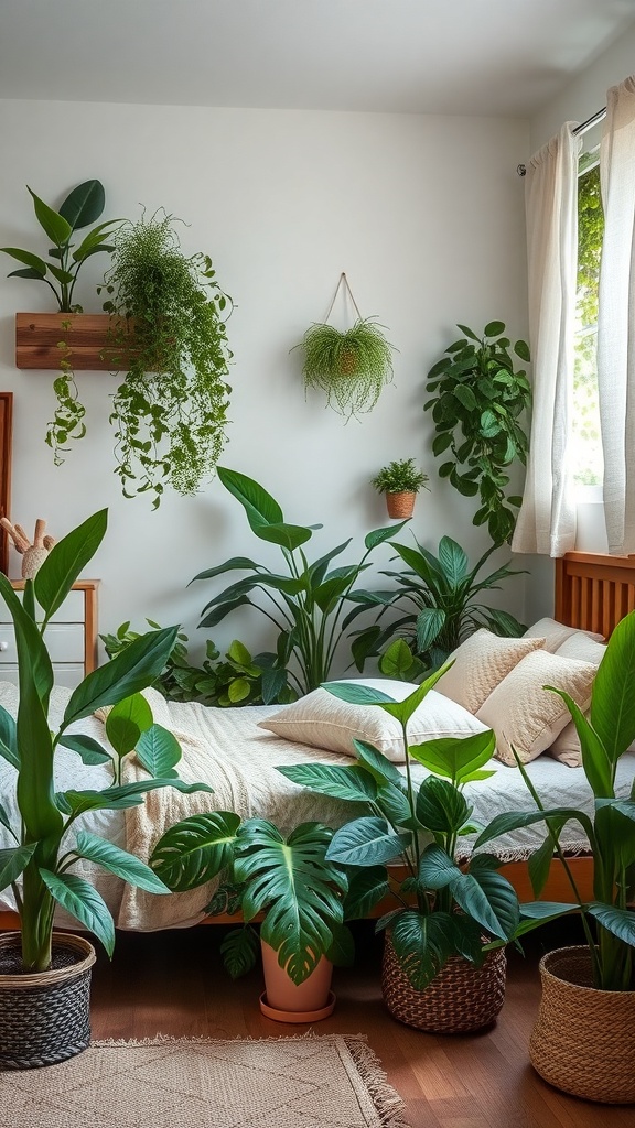 A cozy bedroom filled with various indoor plants, featuring a bed with soft pillows and natural light coming through the window.