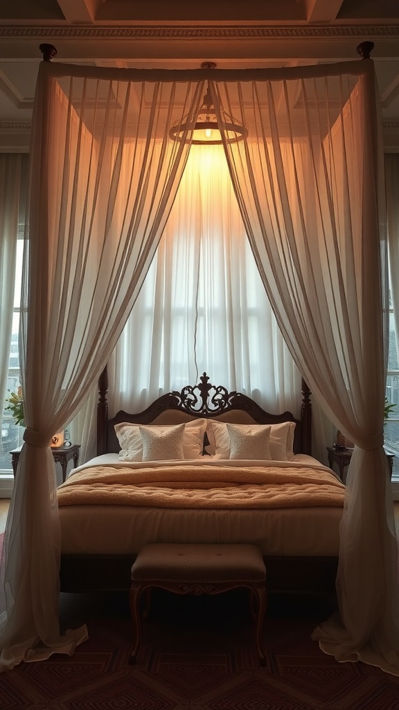 A luxurious canopy bed with soft drapes and warm lighting, creating a cozy and elegant atmosphere.