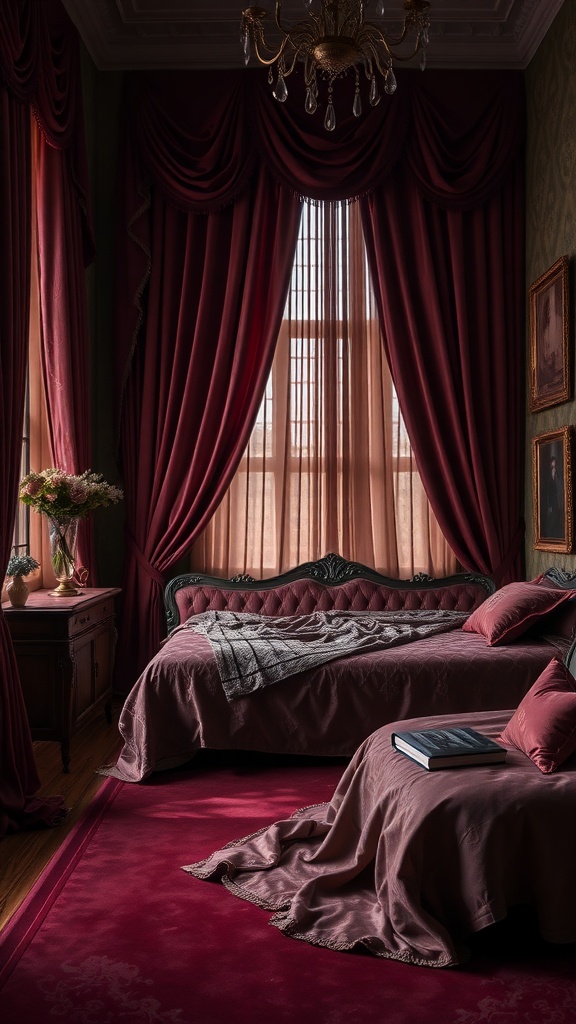 A dark feminine bedroom featuring rich burgundy textiles, elegant curtains, and plush bedding.