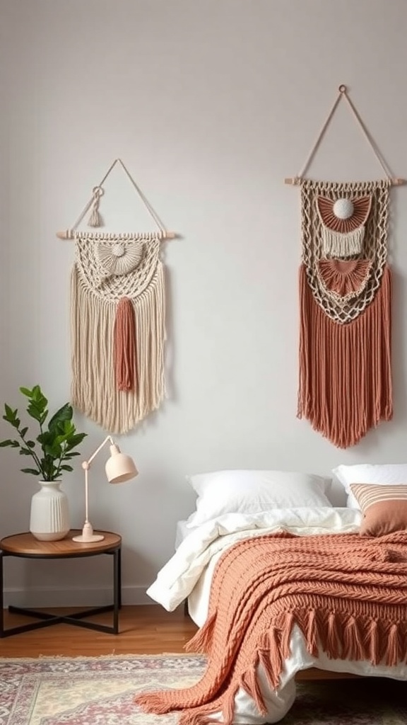 A cozy boho bedroom featuring macramé wall hangings, a knitted blanket, and a plant.