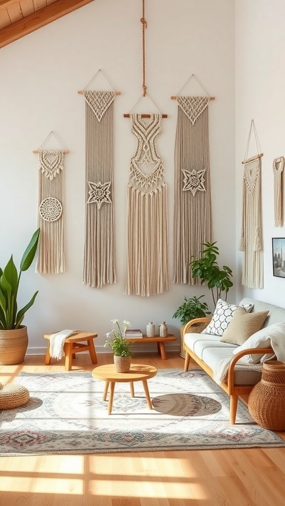A cozy boho living room featuring macramé wall hangings, a light-colored sofa, wooden furniture, and a patterned rug.