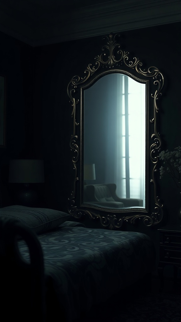 A dark feminine bedroom featuring an ornate mirror reflecting soft light.