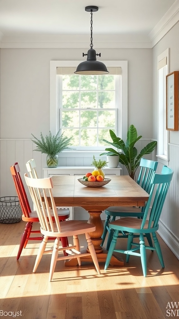 A cozy breakfast nook featuring a wooden table surrounded by colorful, mismatched dining chairs in red, pink, and turquoise.