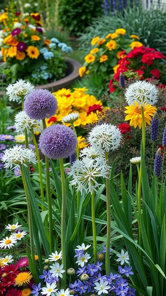 A colorful garden featuring alliums in purple and white, surrounded by various perennials in vibrant hues.
