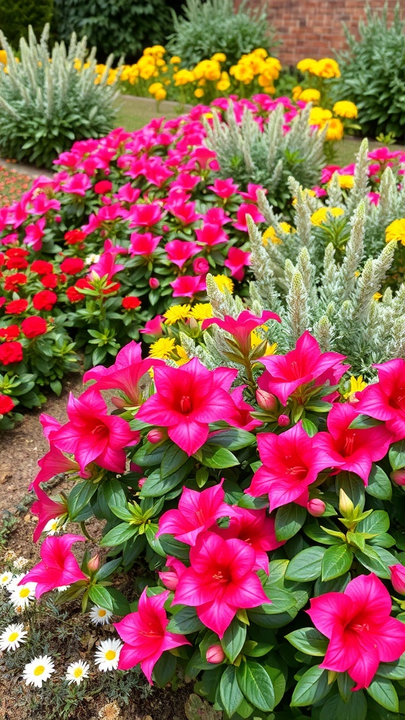 A colorful garden featuring pink azaleas, yellow flowers, and green foliage.