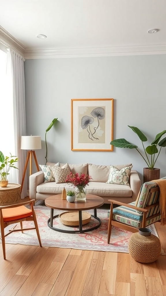 A cozy boho living room with a mix of furniture styles, featuring a light sofa, patterned chairs, and plants.