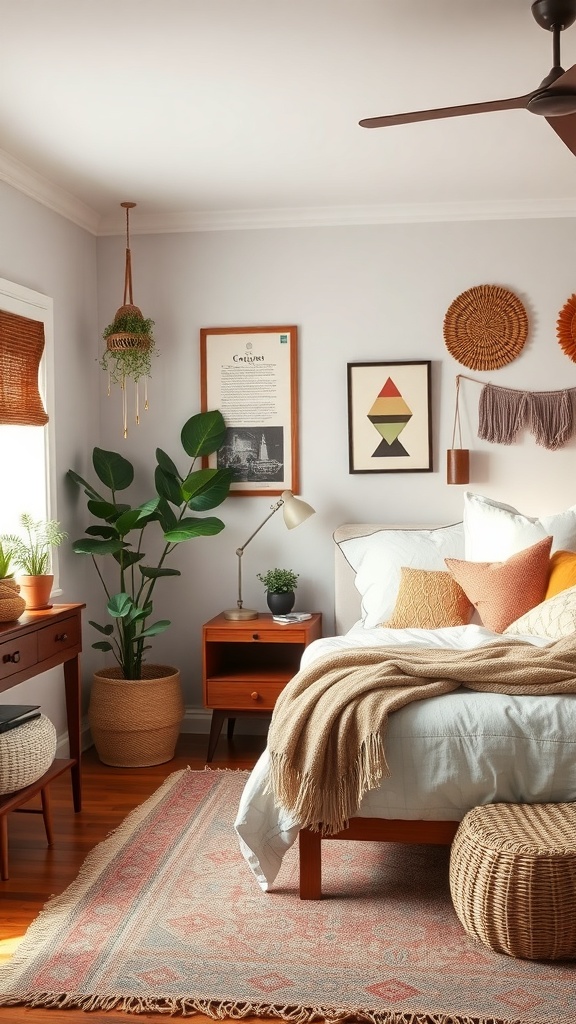 A cozy boho bedroom featuring a mix of modern and vintage decor, with warm wood furniture, colorful pillows, and plants.