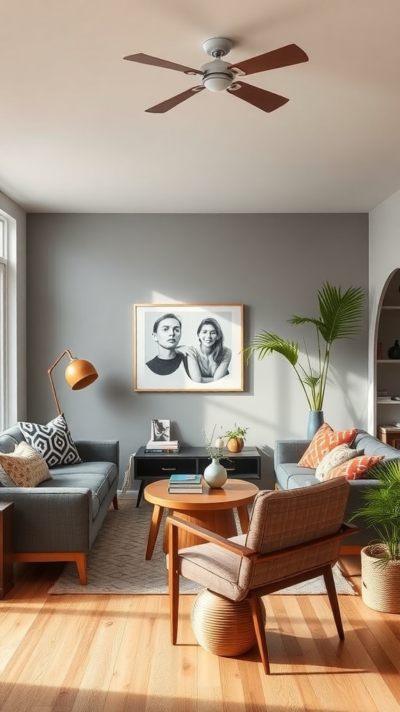 A cozy boho living room featuring modern and vintage furniture, with gray walls and wooden flooring.
