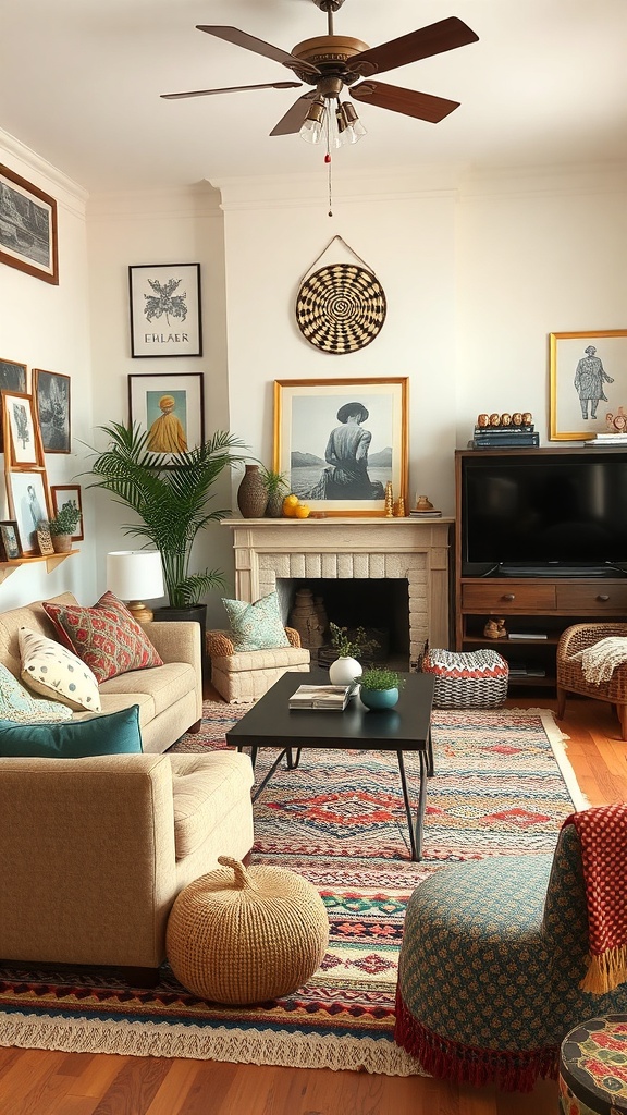 A cozy boho living room featuring mixed patterns and prints with colorful cushions, a vibrant area rug, and eclectic wall art.
