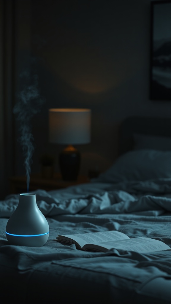 A cozy bedroom with a diffuser emitting mist, a lamp glowing softly, and an open book on the bed.