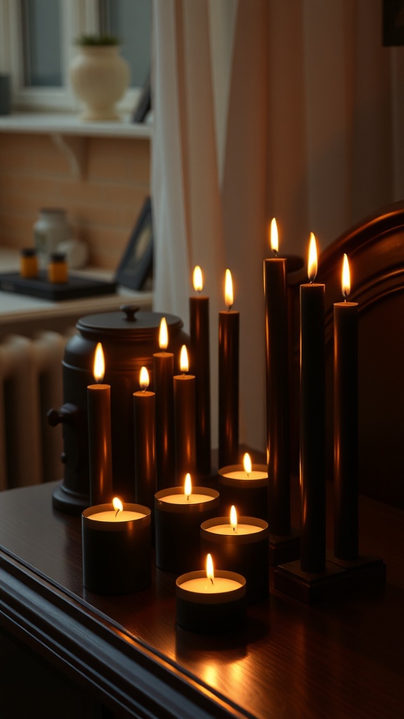 A collection of candles with flickering flames on a wooden surface, creating a cozy atmosphere.