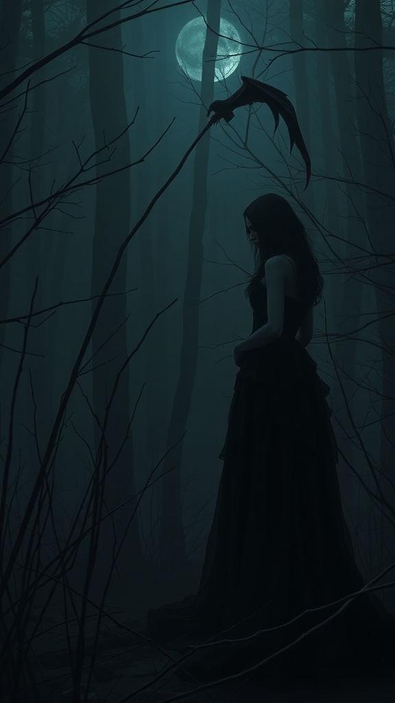A mysterious figure in a dark forest under a full moon, creating an enchanting atmosphere.