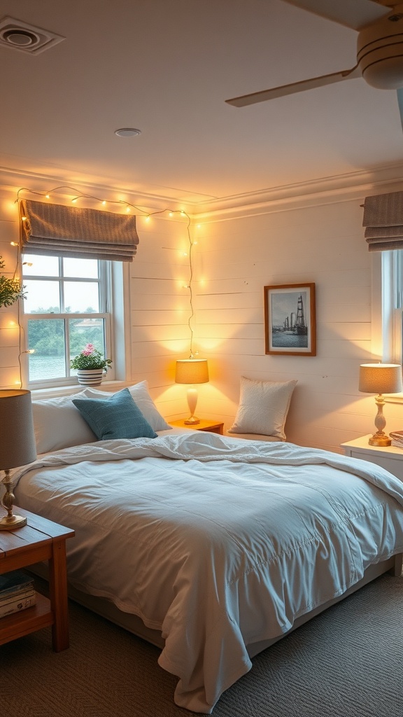Coastal bedroom with warm mood lighting, featuring string lights and table lamps.