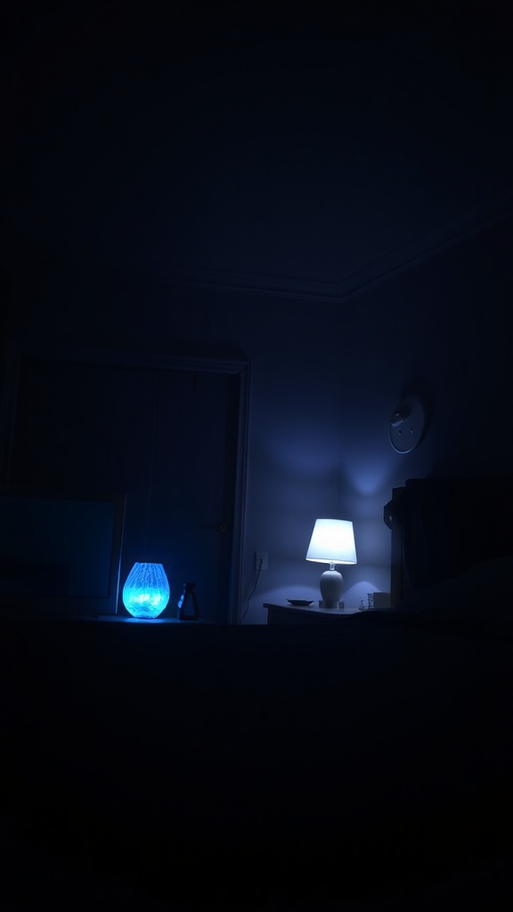 A dark feminine bedroom with a bedside lamp and a blue decorative lamp creating a cozy atmosphere.