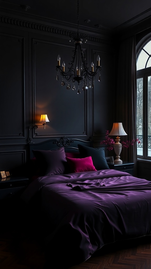 A dark feminine bedroom featuring rich purple bedding, dark walls, and elegant lighting.