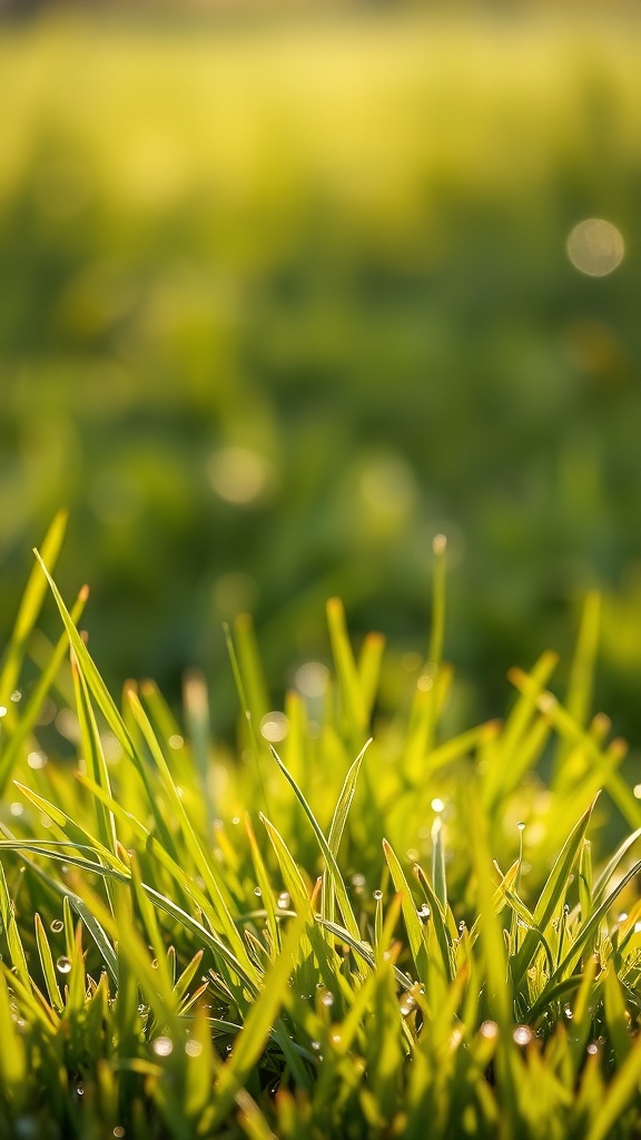 Close-up of green grass with morning dew droplets glistening in soft light