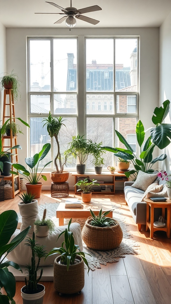 A boho living room filled with various plants, natural light, and wooden furniture.
