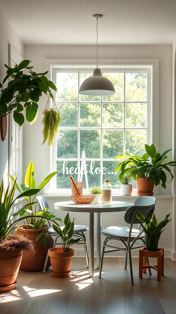 A bright breakfast nook with large windows, plants, and a round table.